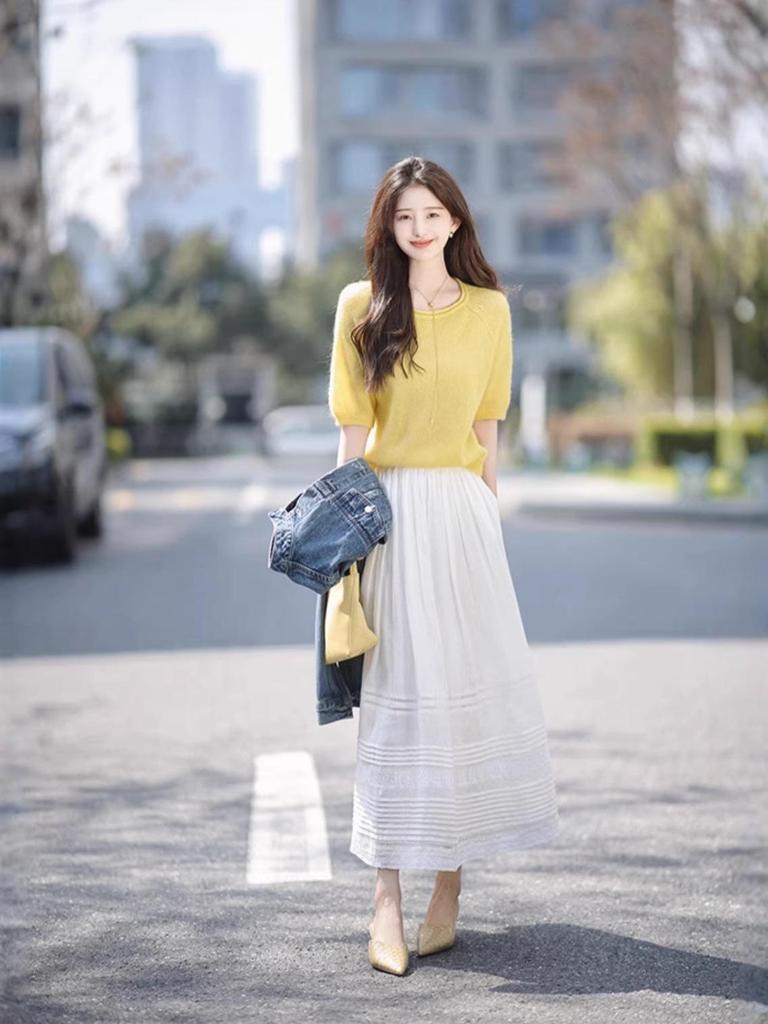 Nanyou Women's White Ramie Embroidered Midi Skirt, High-Waist Elastic, Wide Hem, Spring 2026 Collection