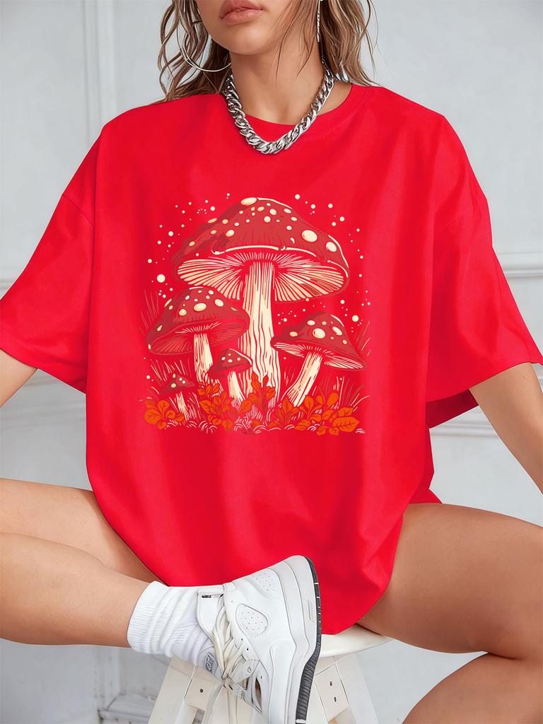 Red Mushroom Personality Prints TShirt Women Cotton Summer Short Sleeve T Shirt Soft Loose ONeck Tops Casual Woman Clothes