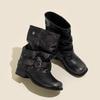 Botas Cowboy Occidentales Mujer Otoño Nuevo Punta Redonda Hebilla de Cinturón Metálica Plisadas Tacón de Bloque Vintage Botines