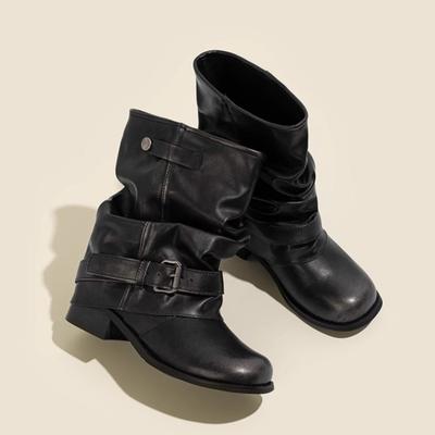 Western Cowboy Stiefel Damen Herbst Neu Runde Zehe Metall Gürtelschnalle Plissee Schaft Vintage Blockabsatz Kurze Stiefel