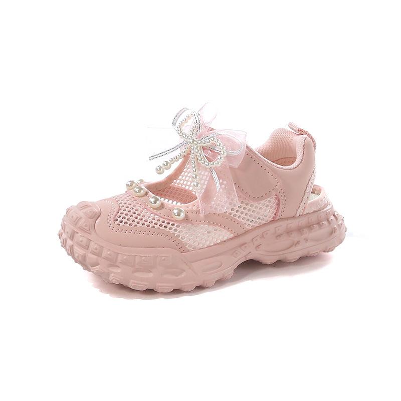 Girls' Sports Shoes 2025 Summer New Mesh Pearl National Style Bow Baby Girl Dad Shoes Single Mesh Hollow