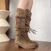 Fashion Spring/autumn Tassel Ethnic Modern Boots Mid-calf Square Heel Ladies Shoes on Sale 2025 Fashion Mid Heel Round Toe Boots