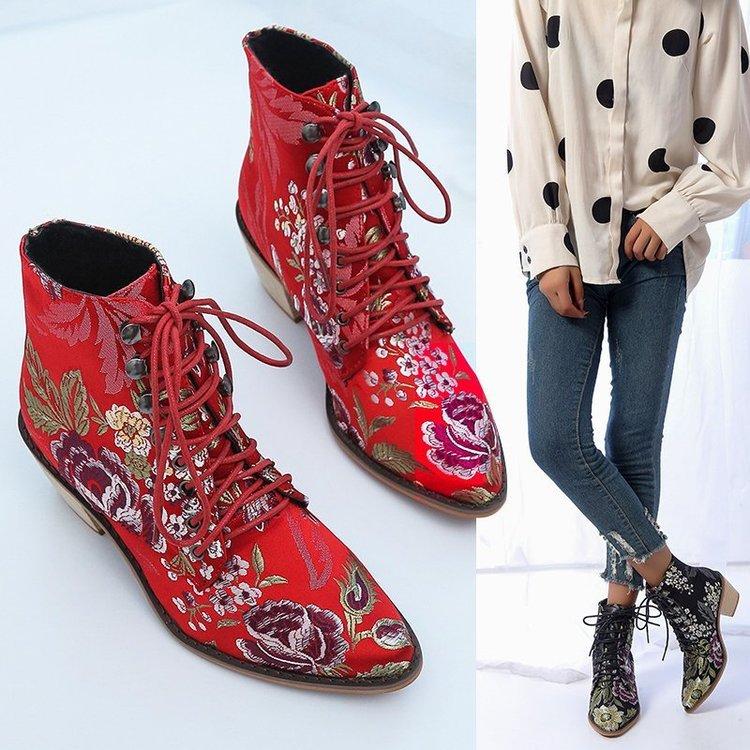 Fashion 2025 Med Thick Heel Ankle Boot Comfort Autumn Winter Ankle Boots Retro Short Booties Women Embroidery Flowe Botas Big Size 43