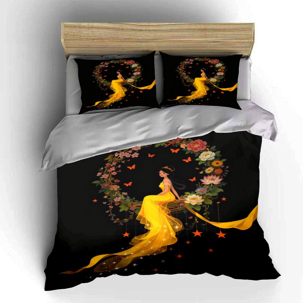 Elegant Floral Yellow Dress Set Soft Comfortable Duvet Cover Bedding Set Included 1*Duvet Cover & 2*Pillowcases, Gift