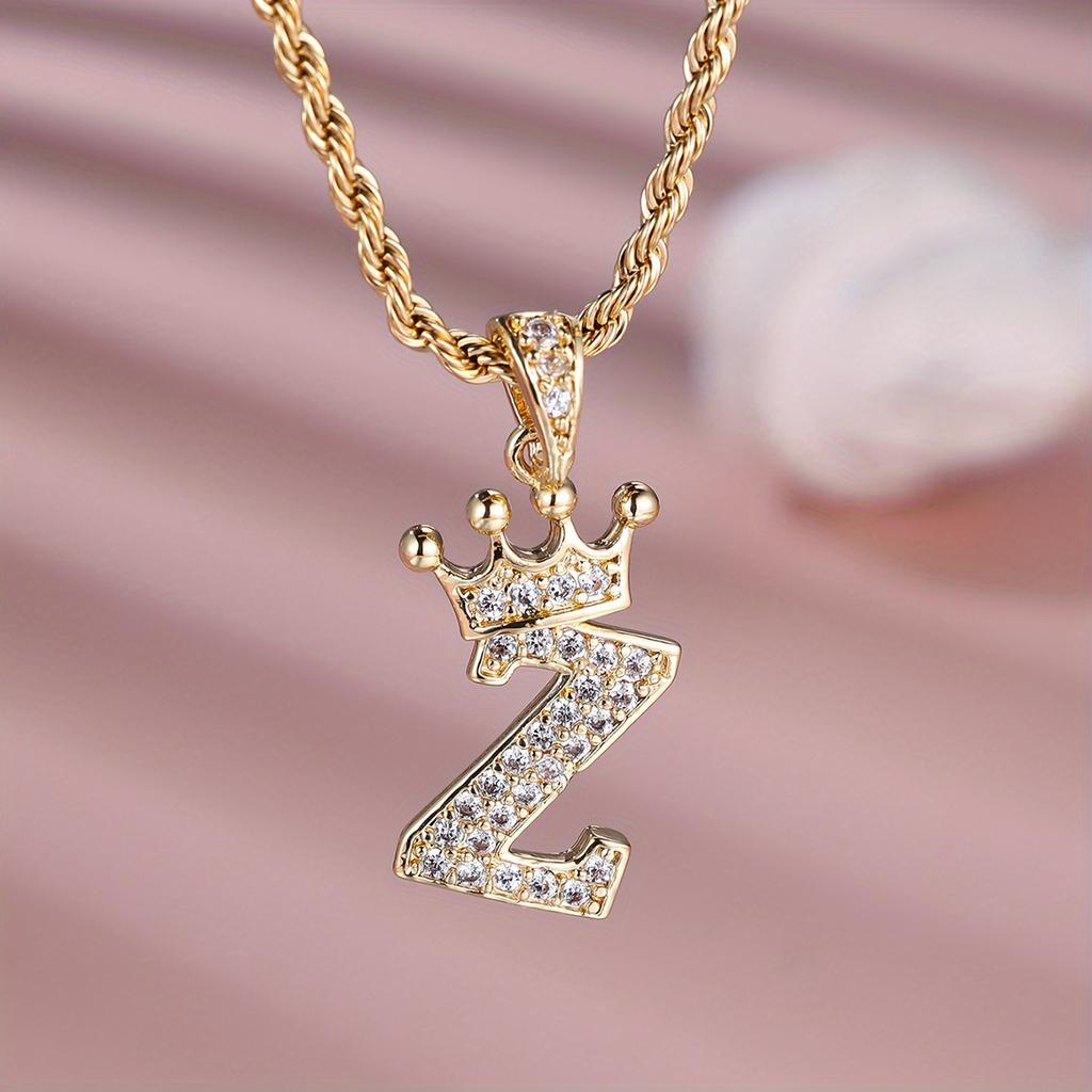 1 Pc Golden Color 26 English Letter Princess Crown Necklace Pendant Wedding Band Jewelry Valentine's Day Gift