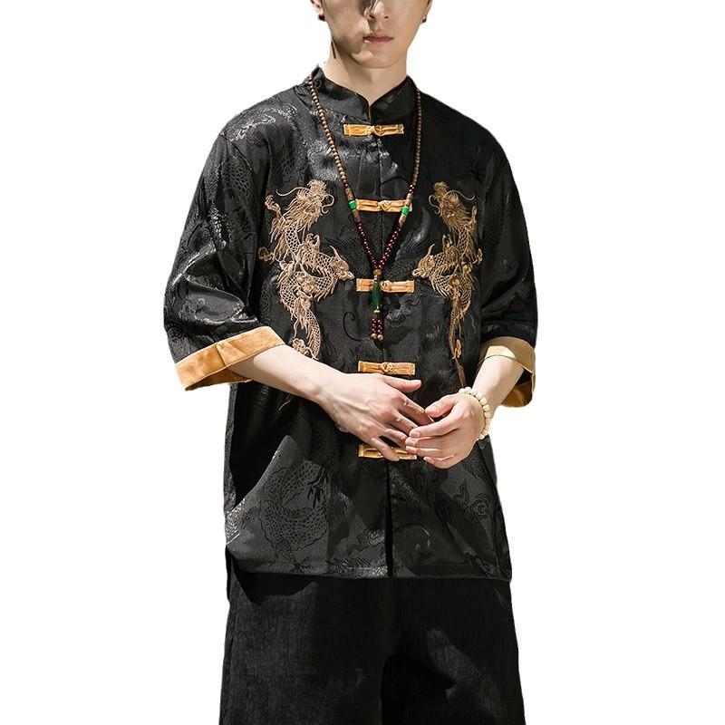 Summer Chinese Traditional Dress Dragon Embroidery Shirt Men Clothing Silk Half Sleeve Vintage Tops Plus Size