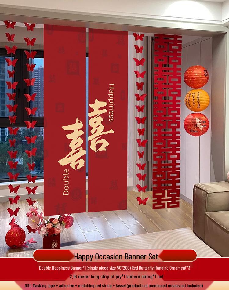 Double Happiness Wedding Room Cloth Banner Set for Ceremony and Hotel Décor