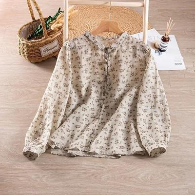 Camisa Solar Versátil de Algodón de Manga Larga para Primavera Camisa Floral para Mujer Temperamento Fresco y Dulce