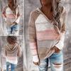 Women Casual Fashion V-Neck Long Sleeves Hooded Patchwork Sweater Blouse Tops