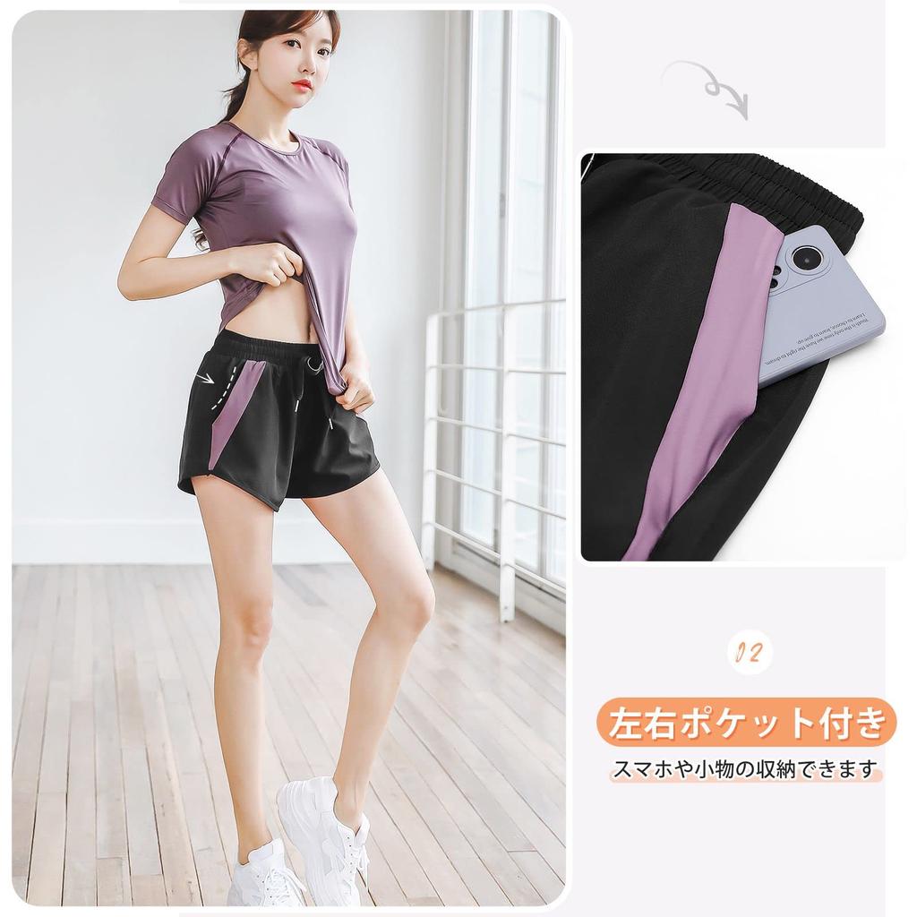 THREEGUN Shorts with Running Yoga Workout Fitness Women's 2-in-1 Pockets, Shorts, Shorts, Shorts, Shorts, Quick-Drying (Black/Purple - XL)