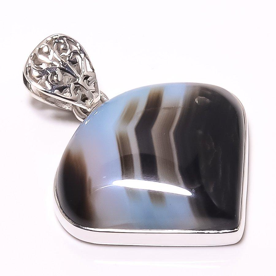 Natural Botswana Agate Gemstone 925 Solid Sterling Silver Pendant 1.58" D2K14