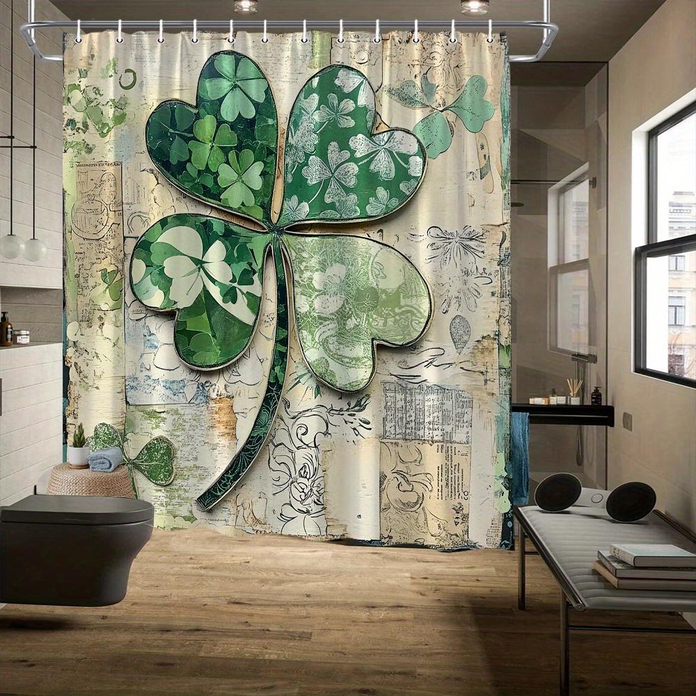 Heart-Shaped Four-Leaf Clover Shower Curtain, Vintage Paper Background, Includes 12 Hooks, Bathroom Decor