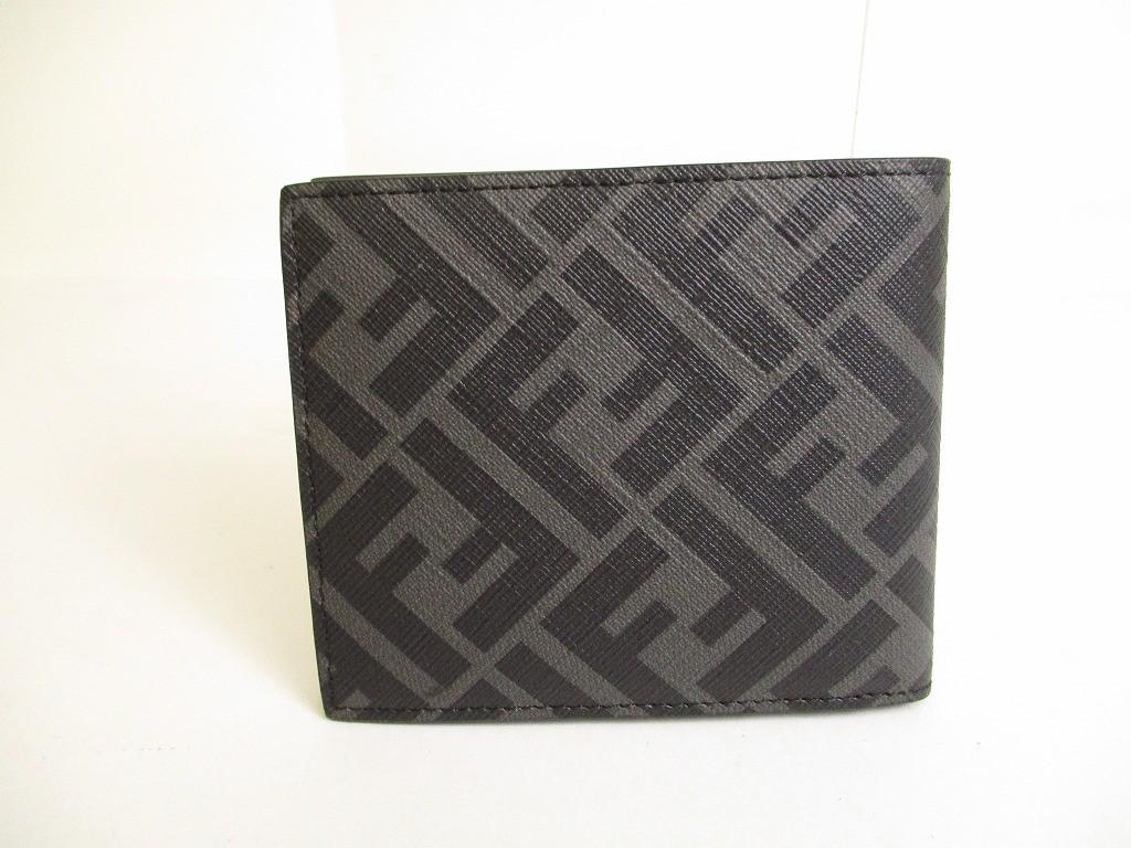 Authentic FENDI Zucca Gray Fabric Black Leather Bifold Wallet Diagonal Wallet #9973  Open Box