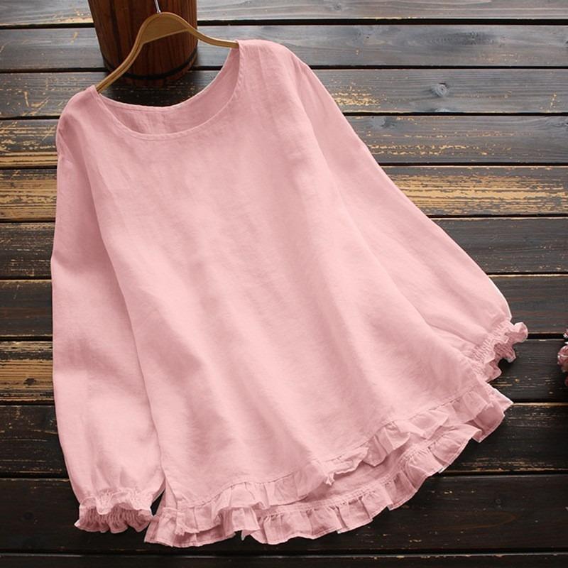 Women S Loose Fit Long Sleeve Round Neck Shirt With Ruffled Cuffs And Hem