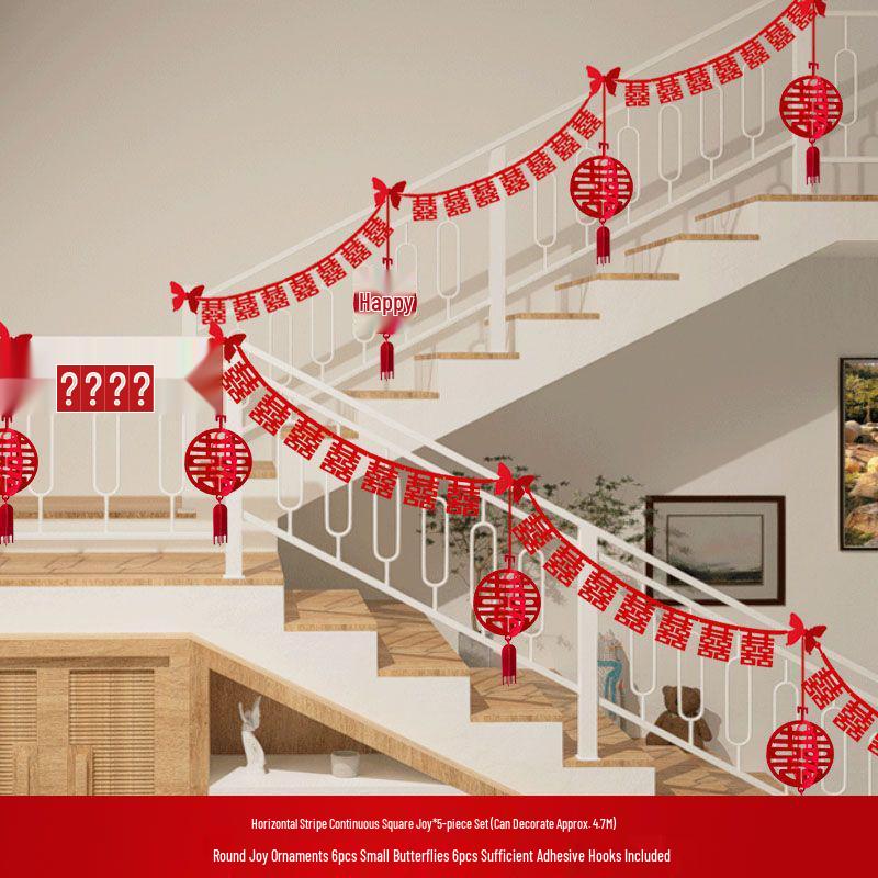 Double Happiness Stair Railing Decor: Wedding Floral Ornaments for Bride and Groom Sides