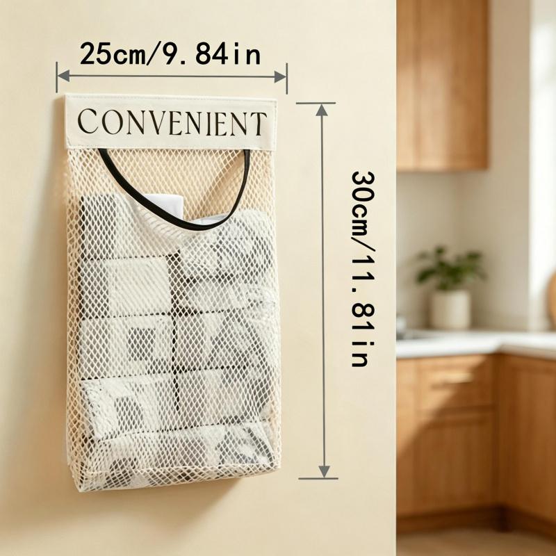 3Pcs Kitchen Hanging Mesh Storage Bag with 2 Adhesive Hooks, Large Capacity Wall-Mounted Organizer for Utensils, Groceries & Plastic Bags