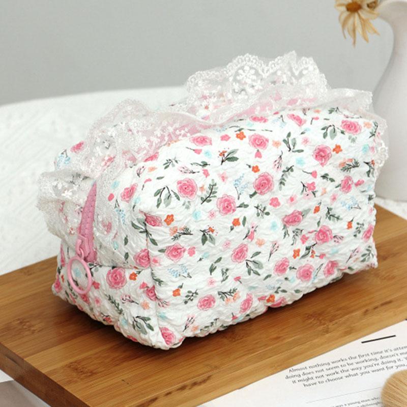 Ruffled Edge Bowknot Floral Print Makeup Bags Large Capacity Quilting Pen Bags Women Cosmetic Storage Bag Travel Wash Bag Clutch