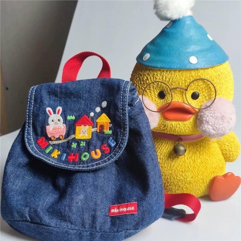 Japanese Miki Kids' Kindergarten Denim Backpack with Embroidery - Canvas School Bag for Boys and Girls