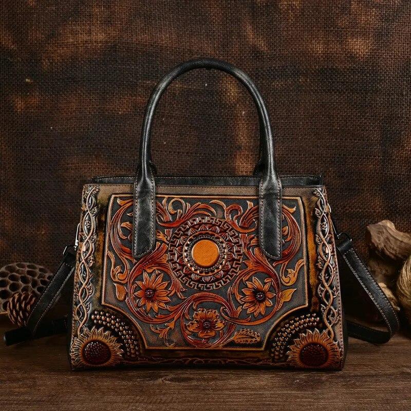 Johnature Borsa in pelle da donna in rilievo retrò squisita Borse a tracolla versatili di grande capacità