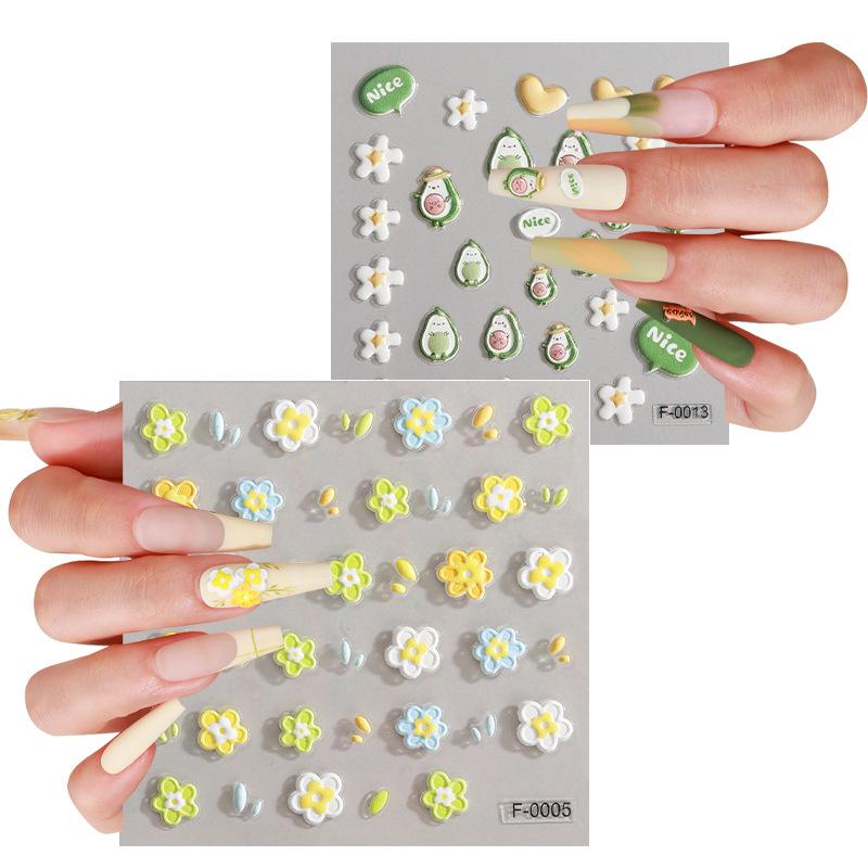 Cartoon Nail Art Stickers Embossed 5D Three-dimensional Flowers Cute Small Fresh Waterproof Nail Stickers