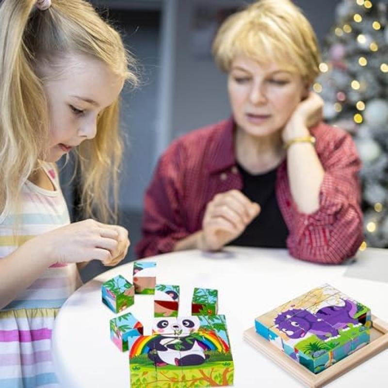 Bilderwürfel Holz 16-Piece Wooden Cube Puzzle 3D Puzzle Game Montessori Educational Toy for Boys Girls Ages 2 3 4 Years Old