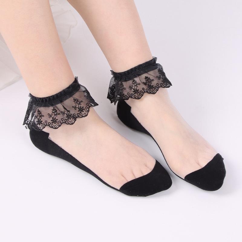 Women Lolita Transparent Mesh Crew Socks Sweet Ruffled Lace Trim Bowknot Cute Love Heart Pattern Anime Princess Hosiery