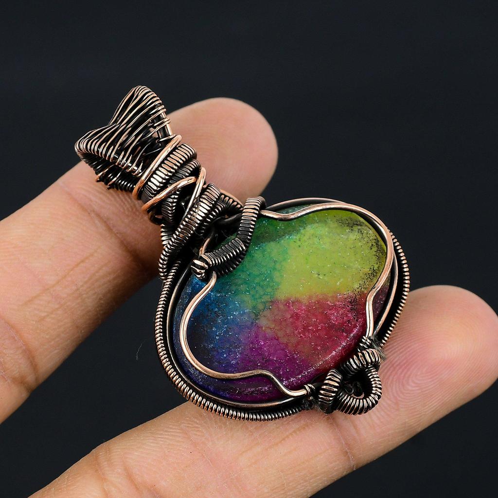 Rainbow Solar Quartz 999 Copper Wire Wrapped Pendant, Handmade Gemstone Pendant Jewelry, Gifts For Wife Brand New Pendant