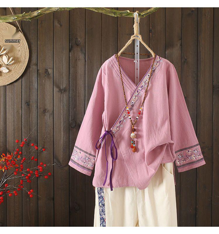 Women's Embroidered Loose Cotton Linen Blouse Cardigan - Tie-Up Spring/Summer Top