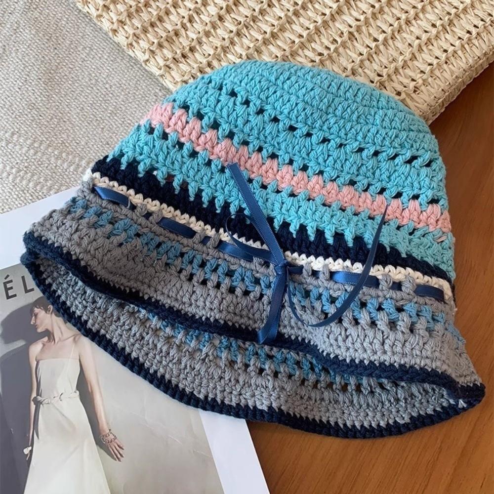 Handmade Knitted Bucket Hats Bow Ribbon Weave Hats Ins Hollow Basin Cap  Streetwear