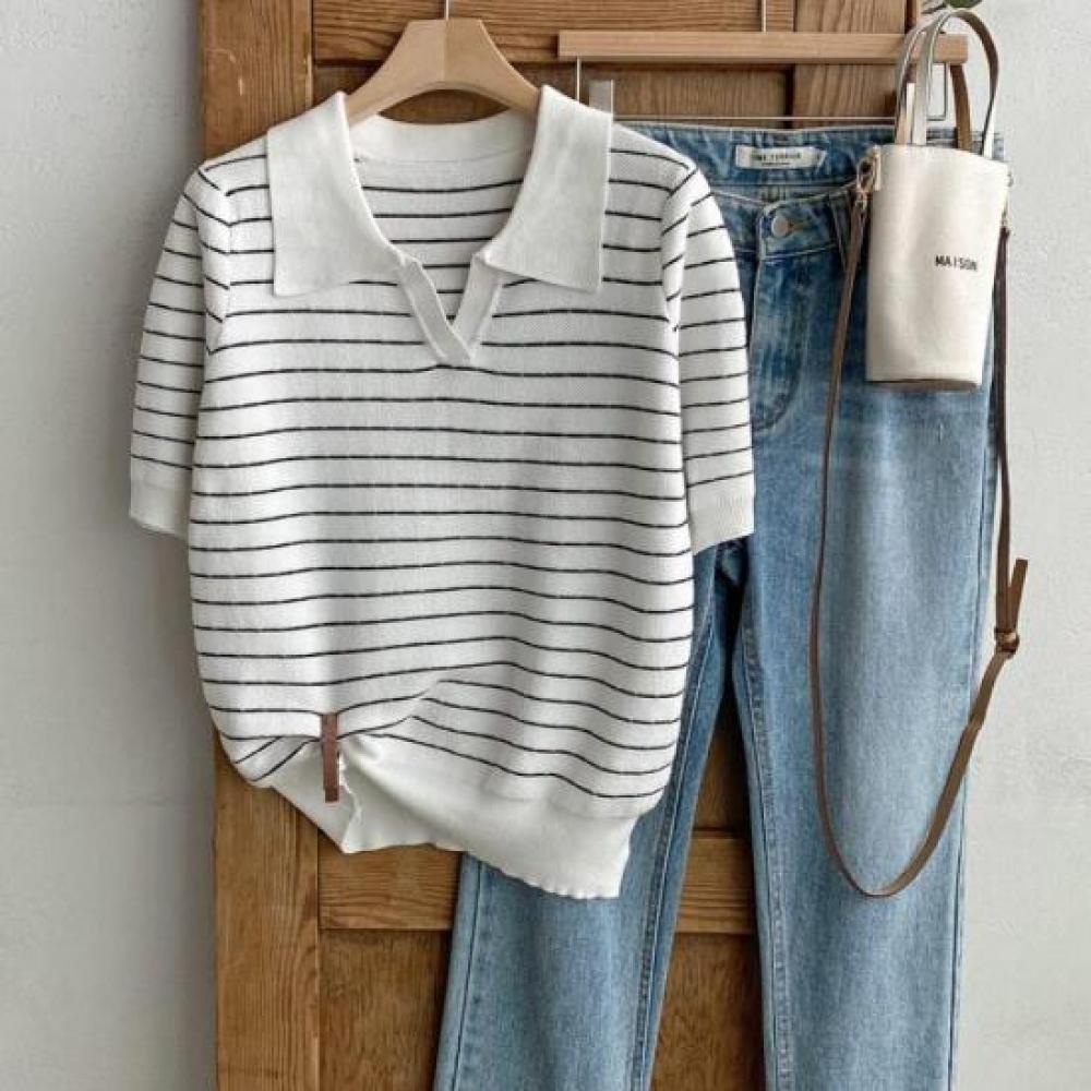 New Arrivals Open Run Striped Short Sleeve Knit Open Collar Lavender Blue Nk New