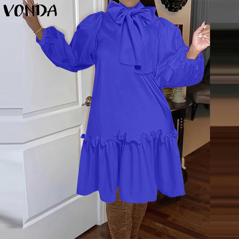 VONDA Women Plus Size Stand Collar Tie Decorated Long Sleeve Solid Color Dresses