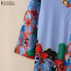 ZANZEA Women Turn Down Collar Loose Casual 3/4 Sleeve Print Long Dress