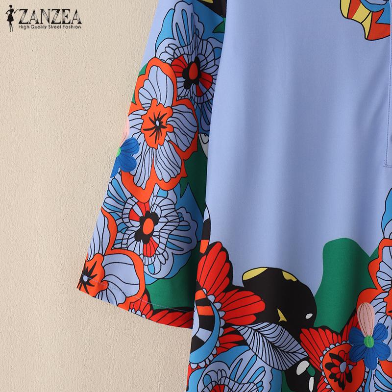 ZANZEA Women Turn Down Collar Loose Casual 3/4 Sleeve Print Long Dress