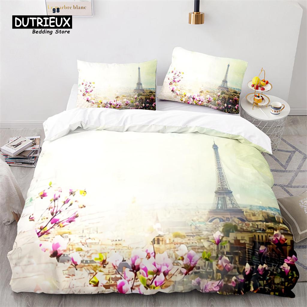Eiffel Tower Duvet Cover Microfiber Paris Cityscape In The Clouds Bedding Set King Size For Kids Adults Romantic Comforter Cover