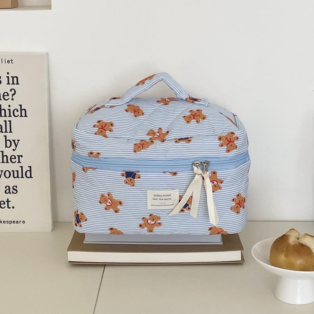 Blue Striped Bear Cosmetic Bag With Quilted Storage For Daily Use And Travel