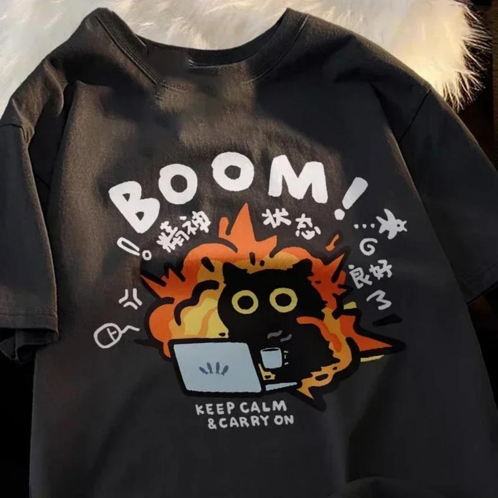 2025 New Short Sleeved T-shirt For Women In Summer New Loose Casual Cartoon Work Cat Print Oversized Top Casual Clothing