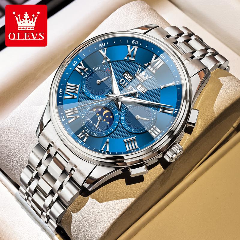 OLEVS 7113 Moon Phase Automatic Mechanical Men's Watches Fashion Rhombus Mirror Perpetual Calendar Luxury Business Man Watch New