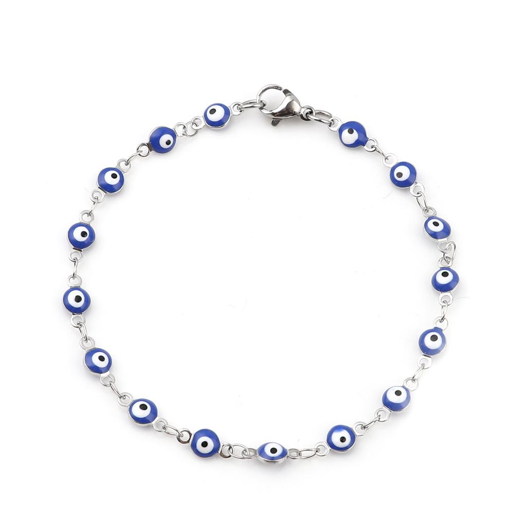 Stainless Steel Bracelets Round Evil Eye Enamel Jewelry Silver Color Hand Turkish Jewelry Bangle Boho Women Bracelet 19.5cm Long