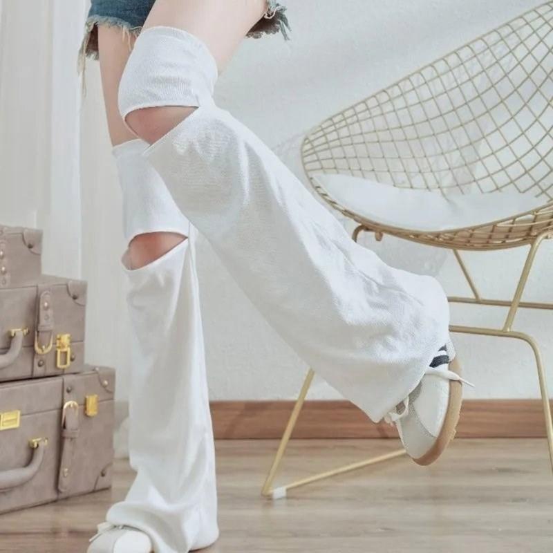 Women Punk Hollowed Out Thgh High Flared Leg Warmers Over Knee Long Socks Solid Color Leg Covers Stockings Streetwear