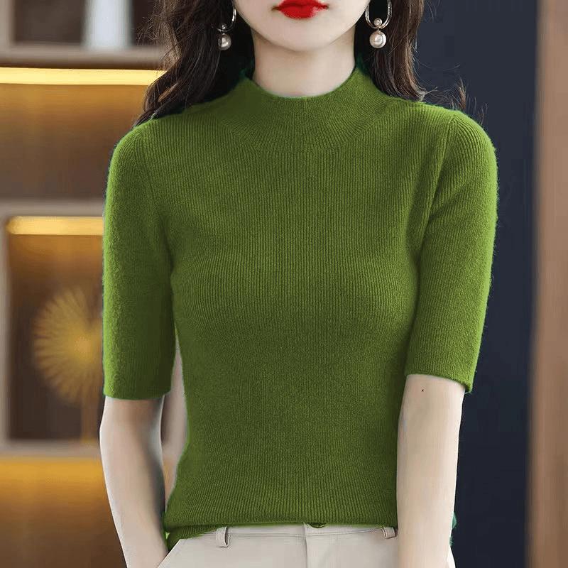 Women's Angola Red Slim Fit Knitted Pullover Sweater with Half-High Neck & Five-Sleeves for Spring & Autumn 2025.