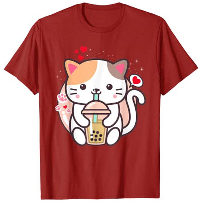 Cat Boba Tea BubbleTea Kawaii Anime Japanese Neko Girl Teen TShirt Y2k Cute Cartoon Unisexga Graphic Clothes Novelty Personality