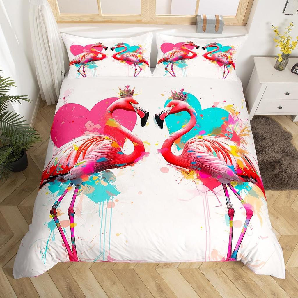 Pink Flamingo Bedding Set Palm Leaves Printed Decor Duvet Cover Twin Size Tropical Green Plants Floral Pattern Nature Themed