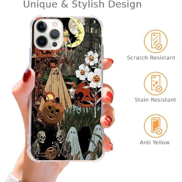 Halloween Aesthetic Case Compatible with iPhone 14 Pro Max, Hippie Ghosts Spooky Pumpkins Phone Case for iPhone 14 Pro Max, Trendy Cool TPU Bumper