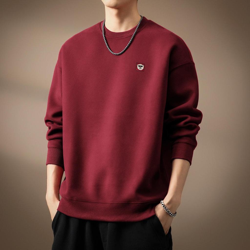 Premium American Style Heavyweight Embroidered Round Neck Men's Winter Hoodie with Velvet, Loose Fit Casual Pullover.