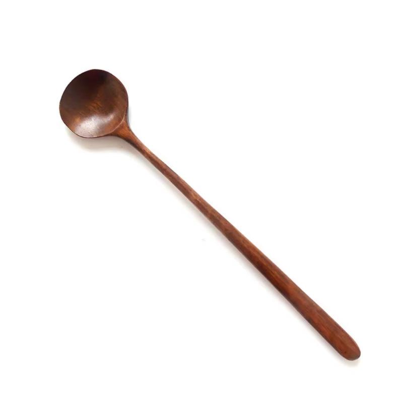 Natural BPA Free Long Handle Wooden Soup Spoon Round Smooth Scoop for Kitchen Porridge Dessert Tea Coffee Serving