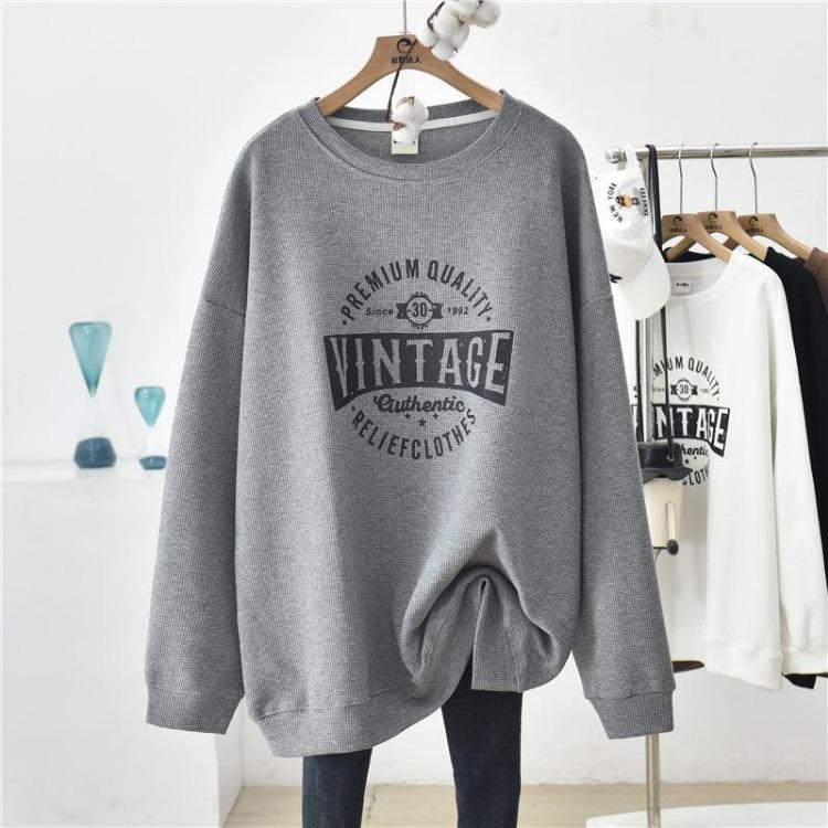 Women's Loose Long Sleeve Waffle Sweatshirt Plus Size Casual Pullover Top