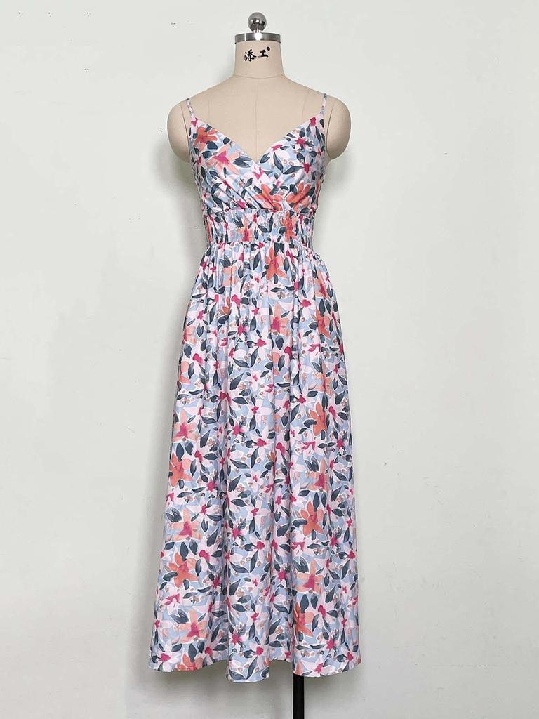 2023 Summer Bestseller: Women's V-neck Spaghetti Strap Print Dress - European & American Style, Waist-Cinching Design