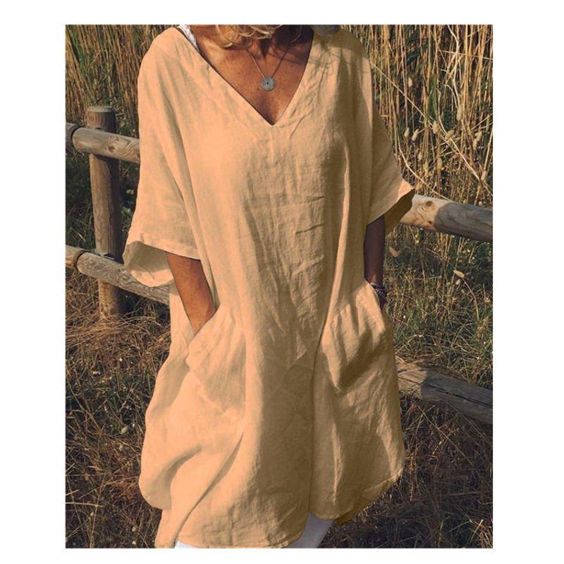 

2025 Cotton and Linen Dress Ebay Amazon New Hot-Selling Item, Solid Color Versatile Plus-Size V-Neck Mid-Sleeve with Pockets Apricot XXXL