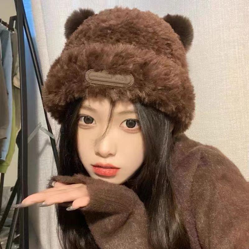 Women's Soft Bear Ear Plush Hat - Large Head Fit, Autumn/Winter Warmth, Sweet Loose Style, Ear Protection
