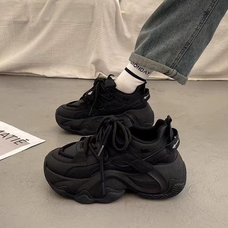 High Platform Sneakers Women Leather Dad Shoes Women Black Chunky Sneakers Thick Sole Shoes 2026 Fashion Height Increasing Shoes